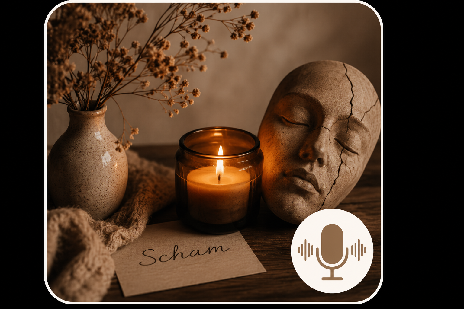 Podcastmotiv zum Thema Scham mit Kerze, Maske und Mikrofon-Symbol