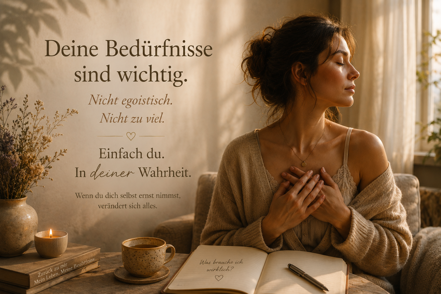 Eine Frau nimmt in einem ruhigen Moment ihre eigenen Bedürfnisse bewusst wahr