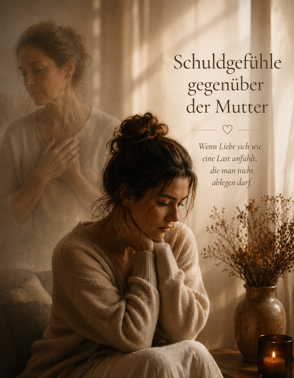 Schuldgefühle gegenüber der Mutter – Frau mit nachdenklichem Blick und Erinnerung an ihre Mutter